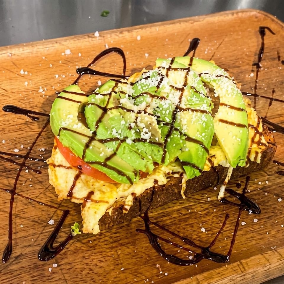 Avocado-topped burger with tomato, melted cheese, crumbled cheese, and balsamic drizzle served on a wooden board.