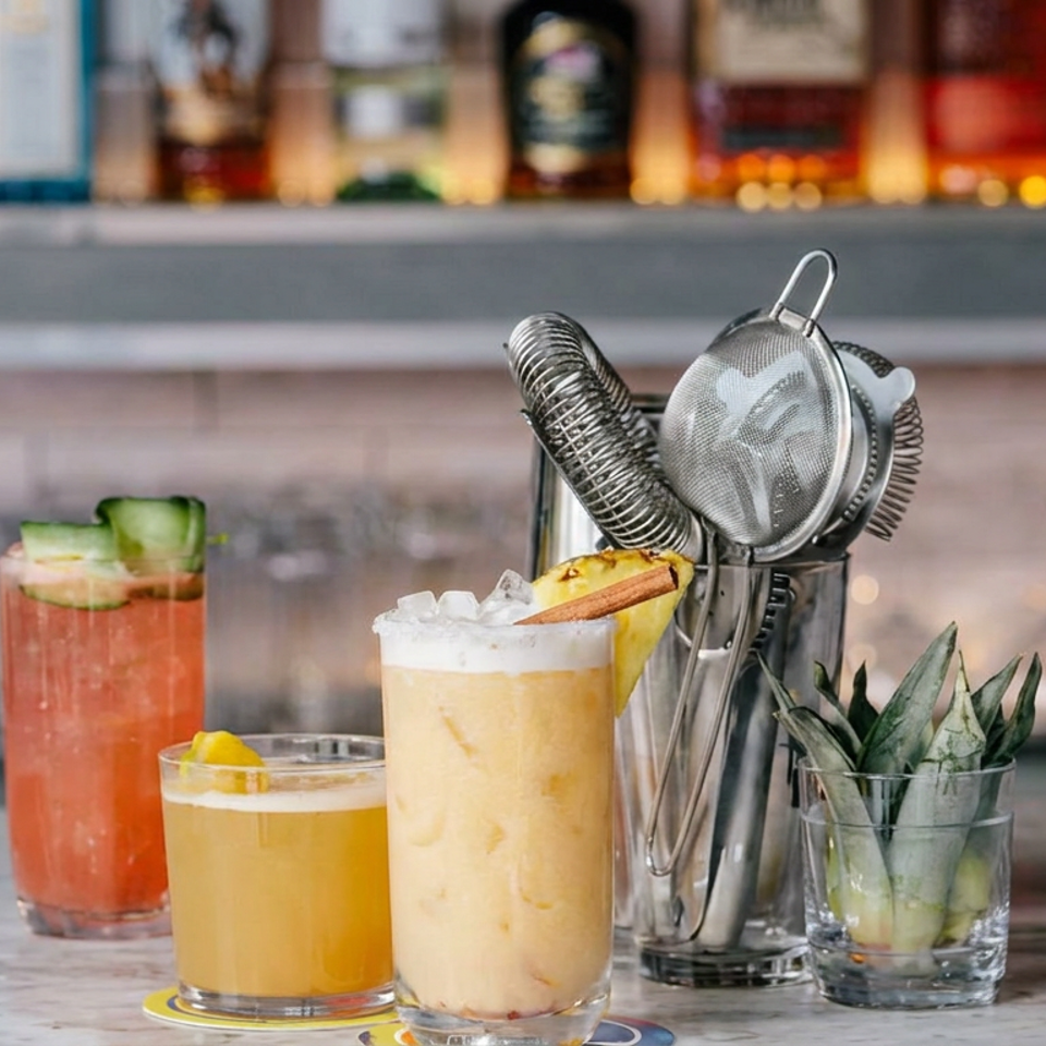 Three colorful cocktails sit on a wooden bar, garnished with cucumber, lemon, pineapple, and fresh herbs, with liquor bottles behind.