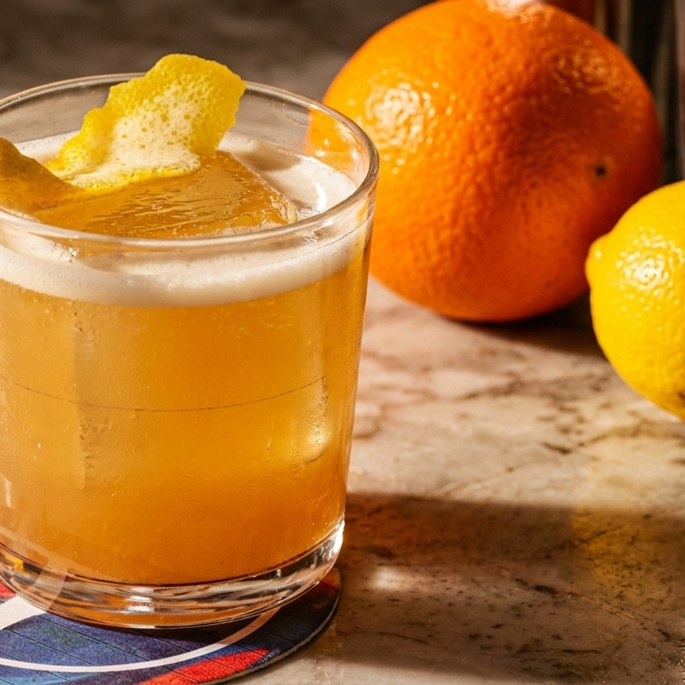 Golden citrus cocktail in a rocks glass, topped with foam and a lemon twist, beside oranges and lemons on a bar counter.